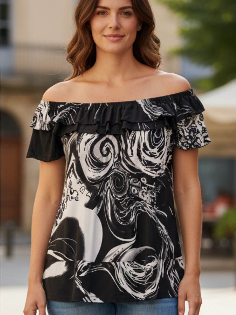 Milano Ruffle Black & White Swirl Top